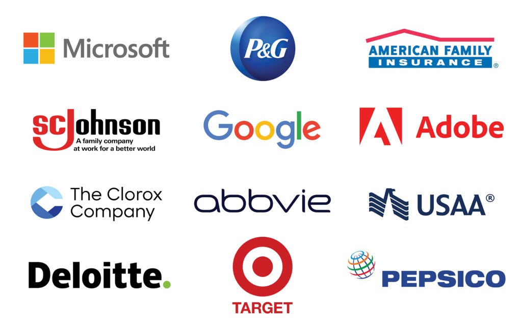 External Advisory Board Company Logos: Abbvie, Google, American Family Insurance, SC Johnson, Microsoft, USAA, P&G, The Clorox Company, Target, Deloitte, PepsiCo, Adobe