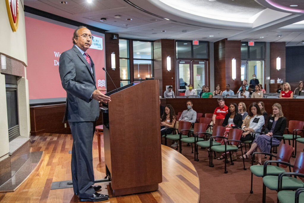 Dean Vallabh Sambamurthy welcomes attendees at the Multicultural Center grand opening.