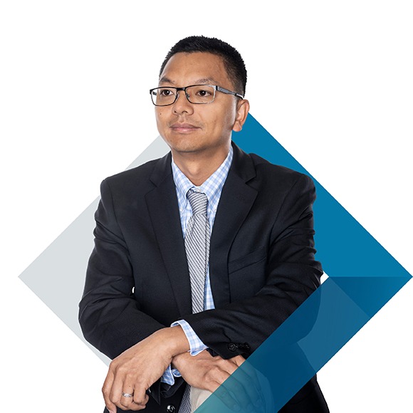 portrait of Allen Li with chevron graphic