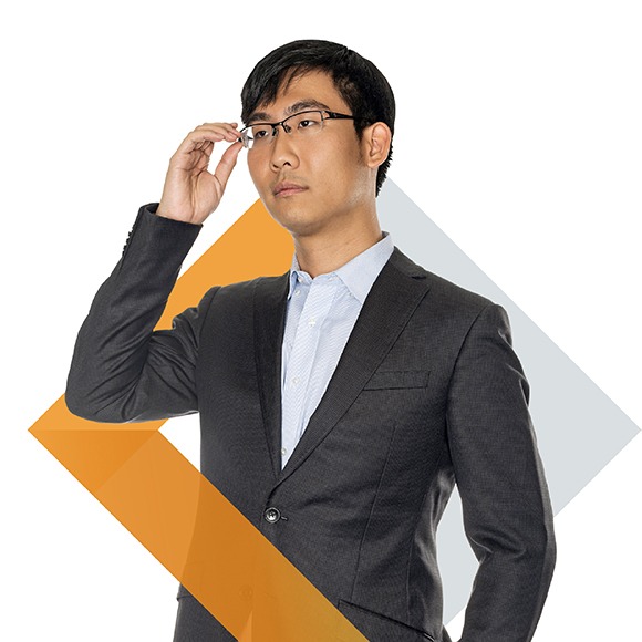 Faculty member Yi Lui portrait with chevron graphic