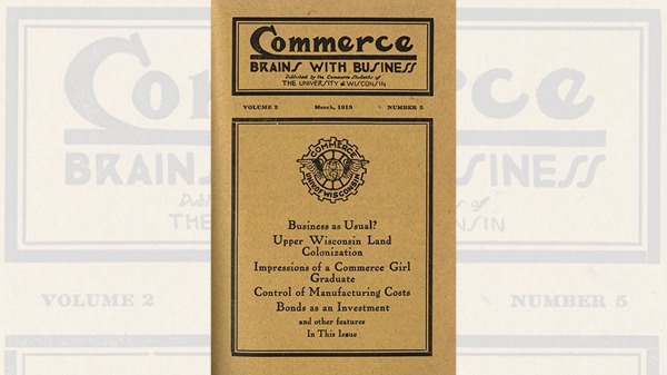 The cover of the School's magazine Commerce: Brains with Business
