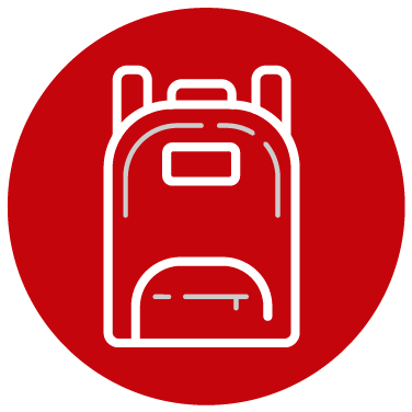 red and white icon of a backpack
