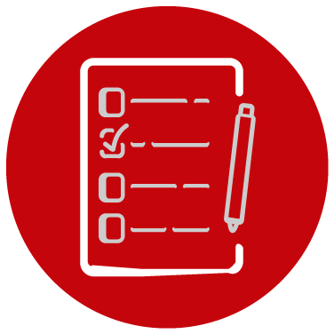 red and white icon of a checklist