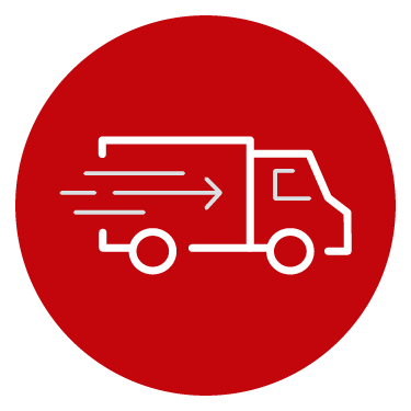 red and white icon of delivery truck moving forward 