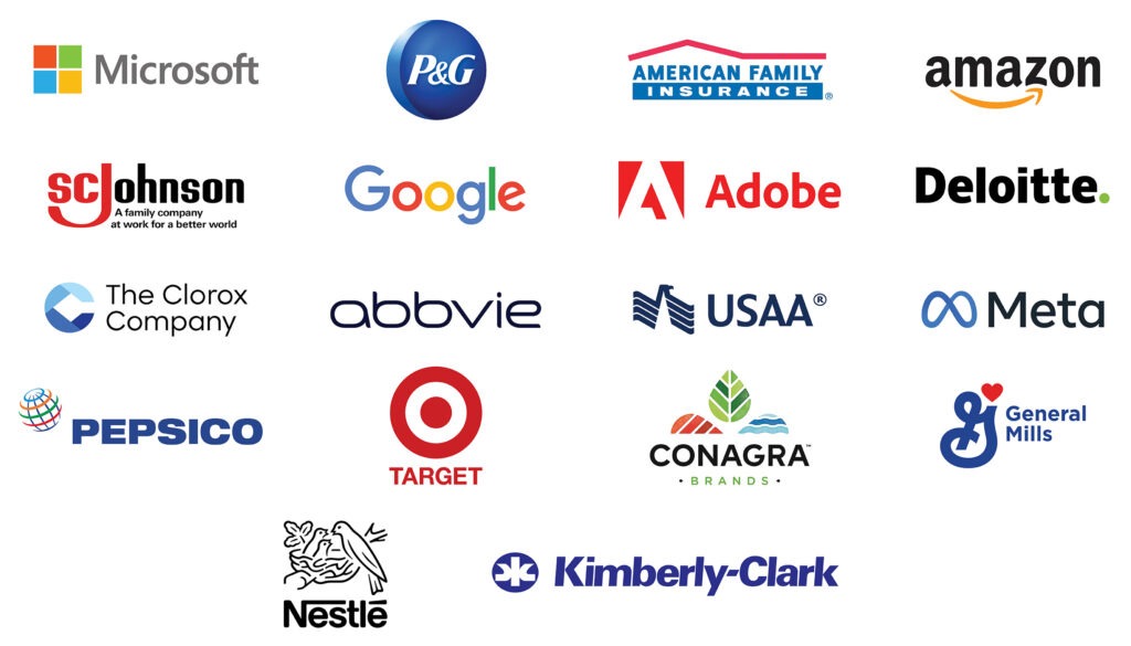 External Advisory Board Company Logos: Abbvie, Google, American Family Insurance, SC Johnson, Microsoft, USAA, P&G, The Clorox Company, Target, Deloitte, PepsiCo, Adobe, Kimberly Clark, General Mills, Meta, Nestle, ConAgra, and Amazon