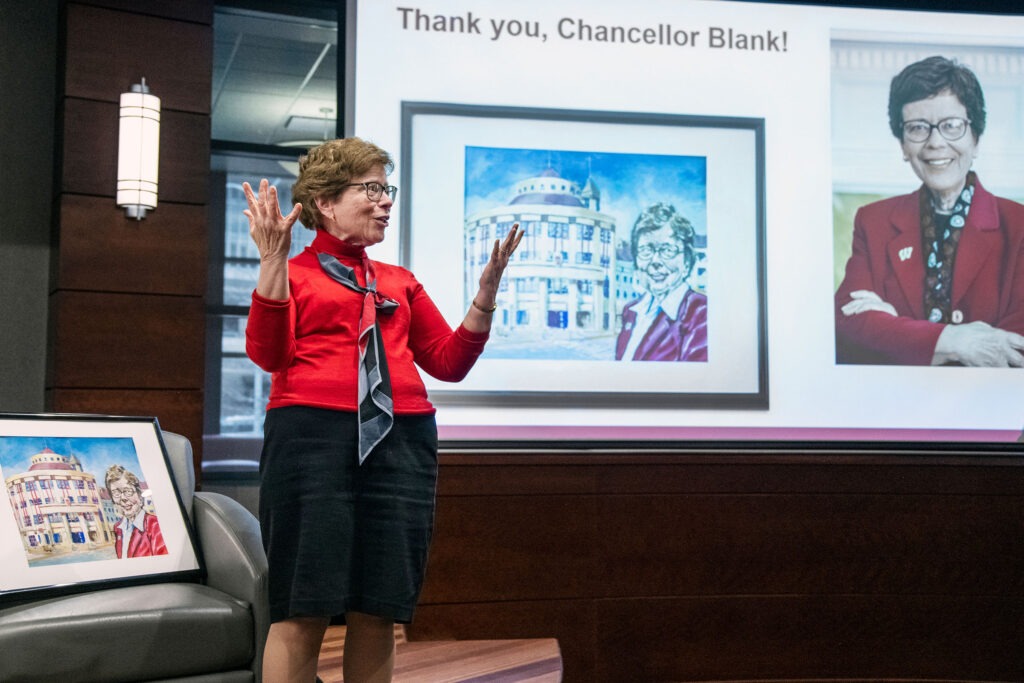 Former Chancellor Rebecca Blank bids farewell to the Wisconsin School of Business community during a fireside chat.