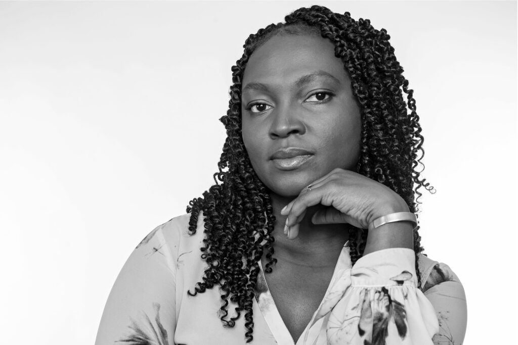 A black and white portrait of WSB student Joseline Nyinawabera.