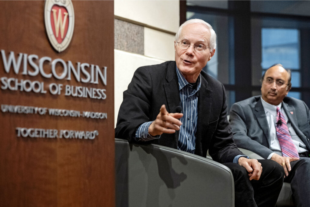 Scott Cook, co-founder of Intuit, speaks to an audience of Wisconsin MBA students at Grainger Hall.