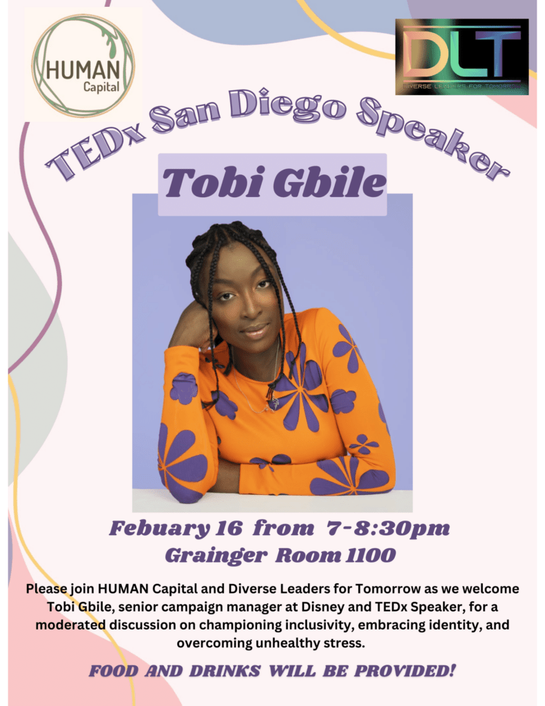 Please Join HUMAN Capital and Diverse Leaders for Tomorrow as we welcome Tobi Gbile, senior campaign manager at Disney and Tedx Speaker, for a moderated discussion on championing inclusivity, embracing identity, and overcoming unhealthy stress. Food and drinks provided.