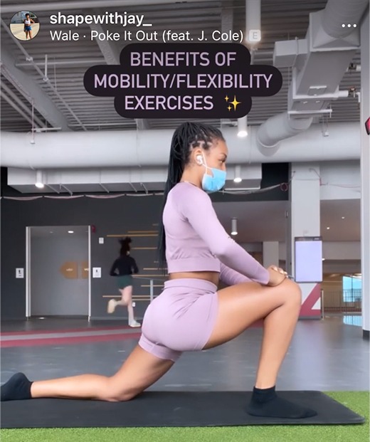 Social media screenshot from shapewithjay_ account, Jayla performing a low lunge on a gym mat; text reads: benefits of mobility/flexibility exercises