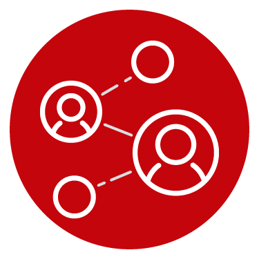 red and white icon showing connections between people