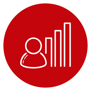 red and white icon showing a person and a graph
