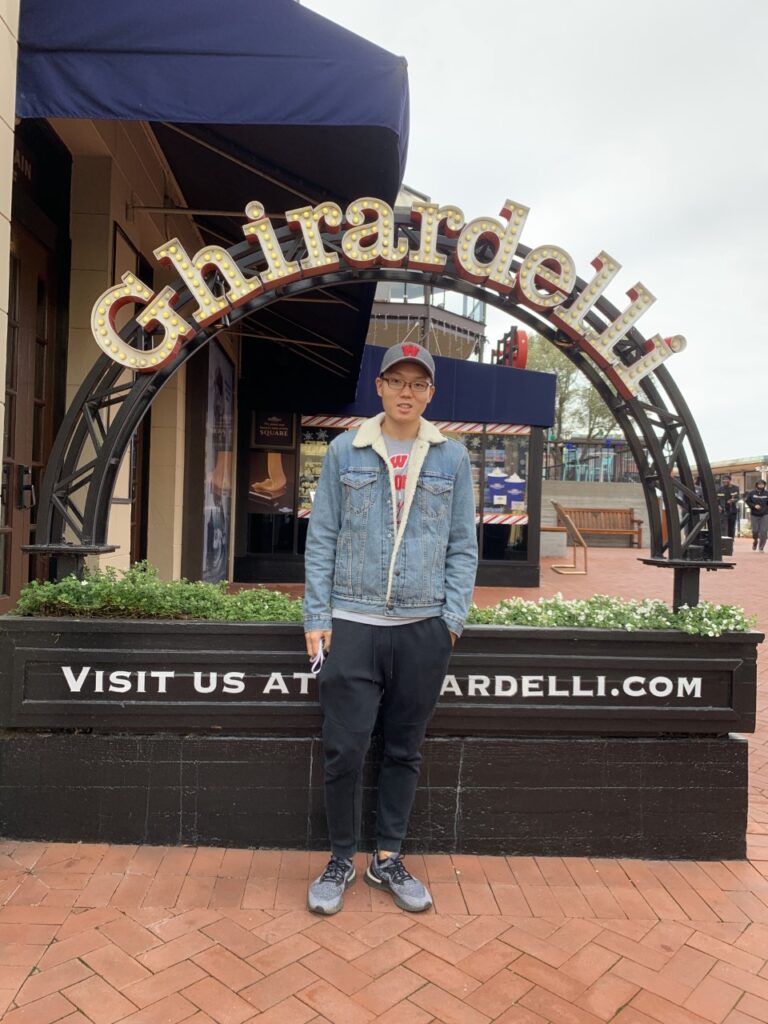 John Shin, MBA in Brand and Product Management, poses outside of Ghirardelli, his current employer