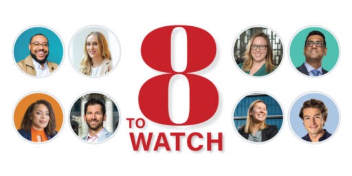 8 to Watch logo with fours headshots to the left and right of the logo