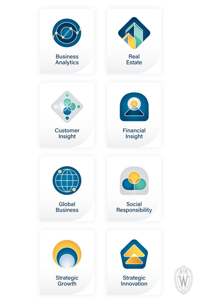 Some of the badges offered by WSB: Business Analytics, Real Estate, Customer Insight, Financial Insight, Global Business, Social Responsibility, Strategic Growth, and Strategic Innovation