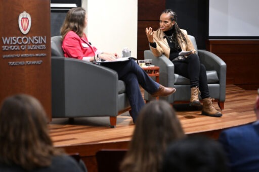 Cheryl Stallworth Hooper, cofounder of ShedLight.org, speaks to Wisconsin MBA students as part of the M. Keith Weikel Leadership Speaker Series.