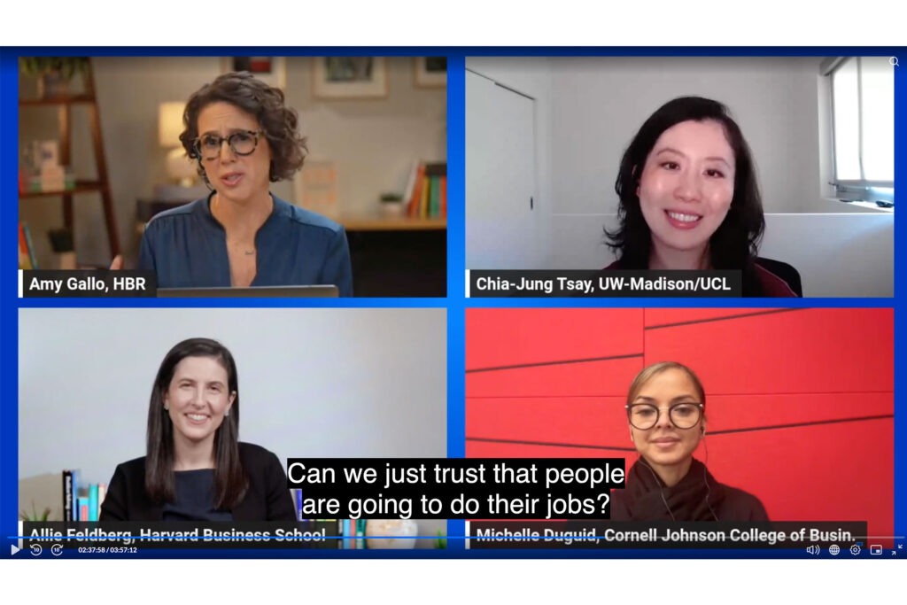 A screenshot of Professor Chia-Jung Tsay speaking on a research panel with three other women experts.