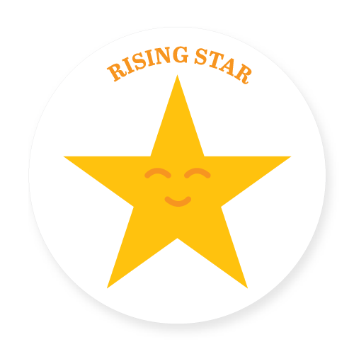 a yellow star with a smiley face and the text rising star above it
