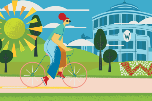Illustration of a person riding a bike in front of Grainger Hall in the summer