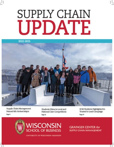Title page of Supply Chain Update 2022-2023 heading with an image of students standing together with white benches in front of them and the ocean and mountains behind them.