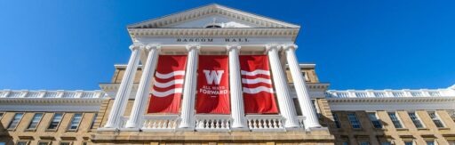 Bascom Hall with red banner