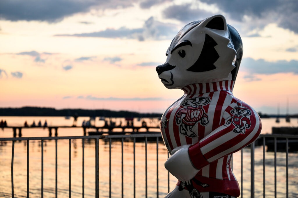 Statue of Bucky Badger with Lake Mendota in the background