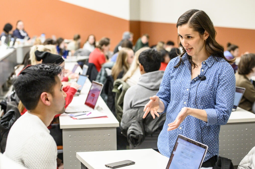 Lori Lopez, associate professor in the Department of Communication Arts at the University of Wisconsin-Madison, talks with students during a Communication Arts 250 course in the Educational Sciences Building on March 5, 2020. Lopez is a recipient of a 2020 Distinguished Teaching Award. 