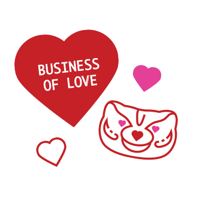 Bucky Badger and a heart that reads "Business of Love."