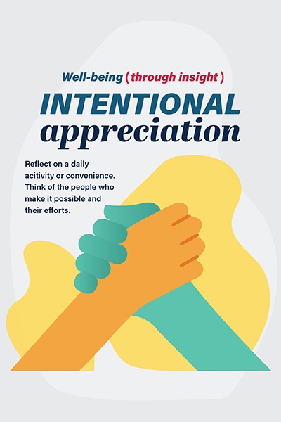 Two hands holding each other for Well-being through insight. Intentional appreciation key learning