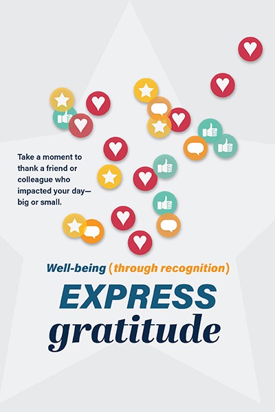 An outline of a star with star, heart, thumb up, and talking bubble emojis for Well-being, through recognition. Express gratitude key learning