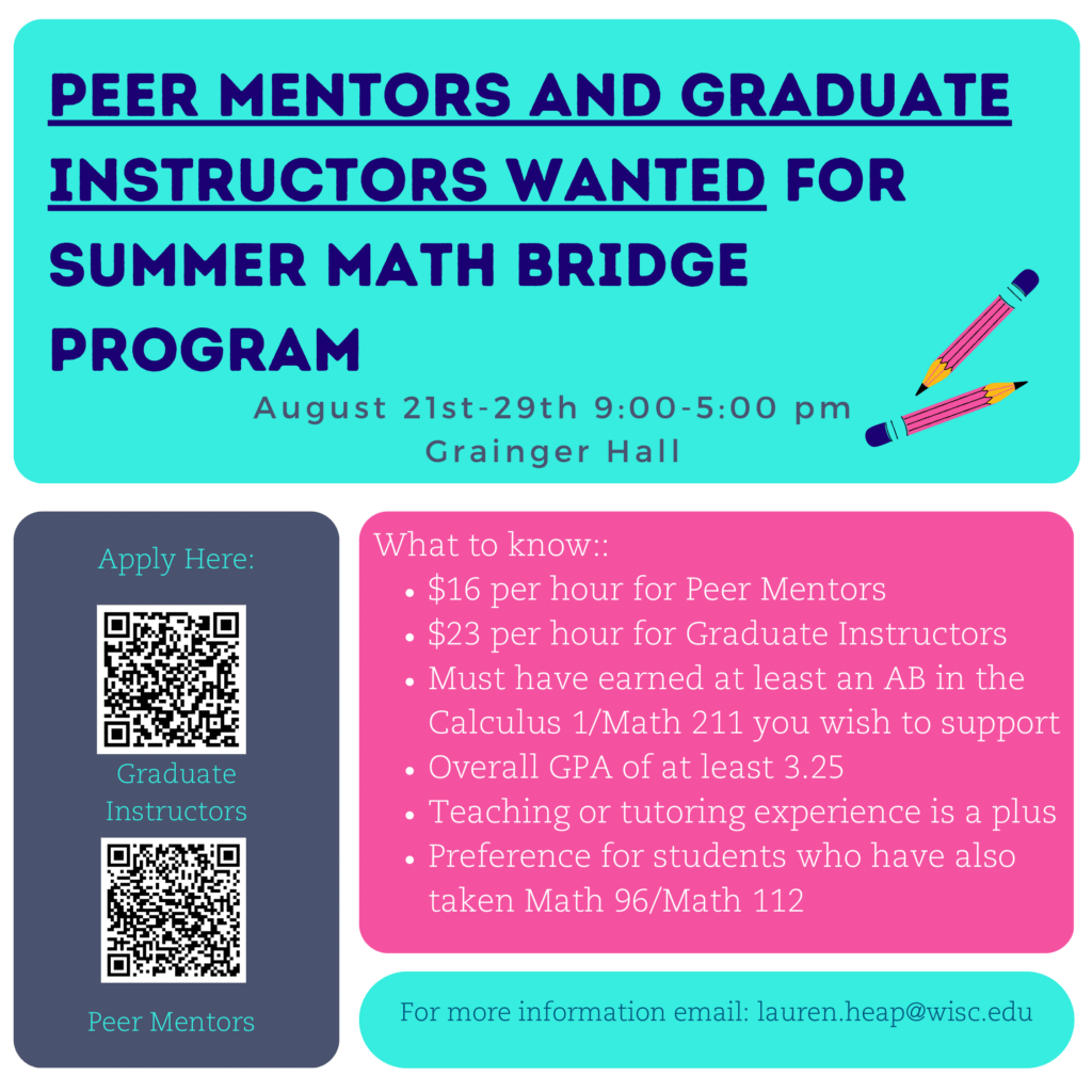 Peer mentors and graduate instructors wanted for summer math bridge program 