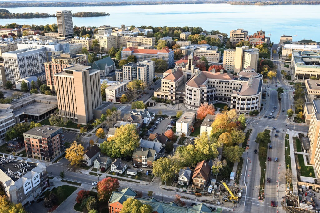 Aerial view of campus, centered on Grainger Hall