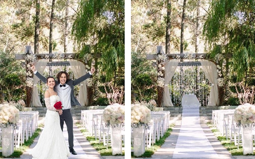 A happy bride and groom smile on the left photo, the right is the wedding venue with no people