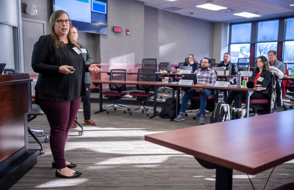 Bess Malson-Huddle addresses participants in WSB's executive MBA pilot residency