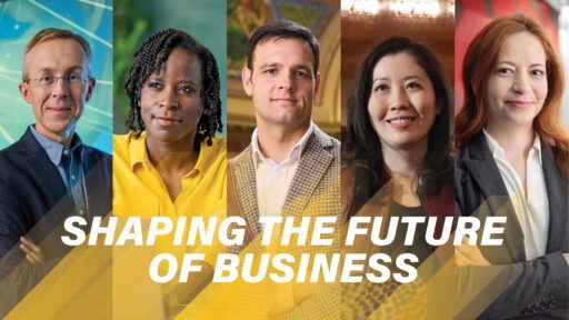 Five WSB faculty with the words "shaping the future of business" along the bottom.