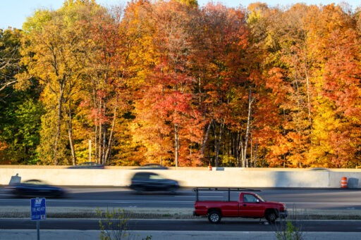 cars move on the Beltline against a backdrop of fall trees