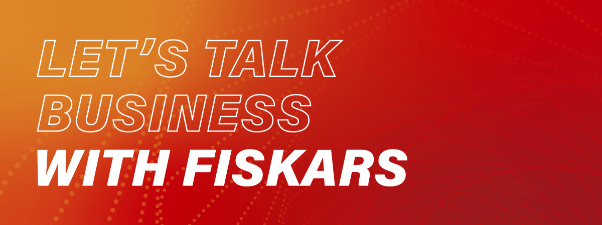 Let's talk business with Fiskars graphic with orange fading into red and white dotted lines in the background