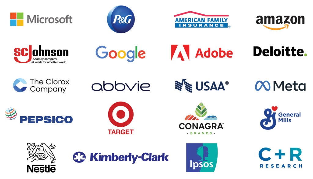 External Advisory Board Company Logos: Abbvie, Google, American Family Insurance, SC Johnson, Microsoft, USAA, P&G, The Clorox Company, Target, Deloitte, PepsiCo, Adobe, Kimberly Clark, General Mills, Meta, Nestle, ConAgra, Ipsos, C+R Research, and Amazon