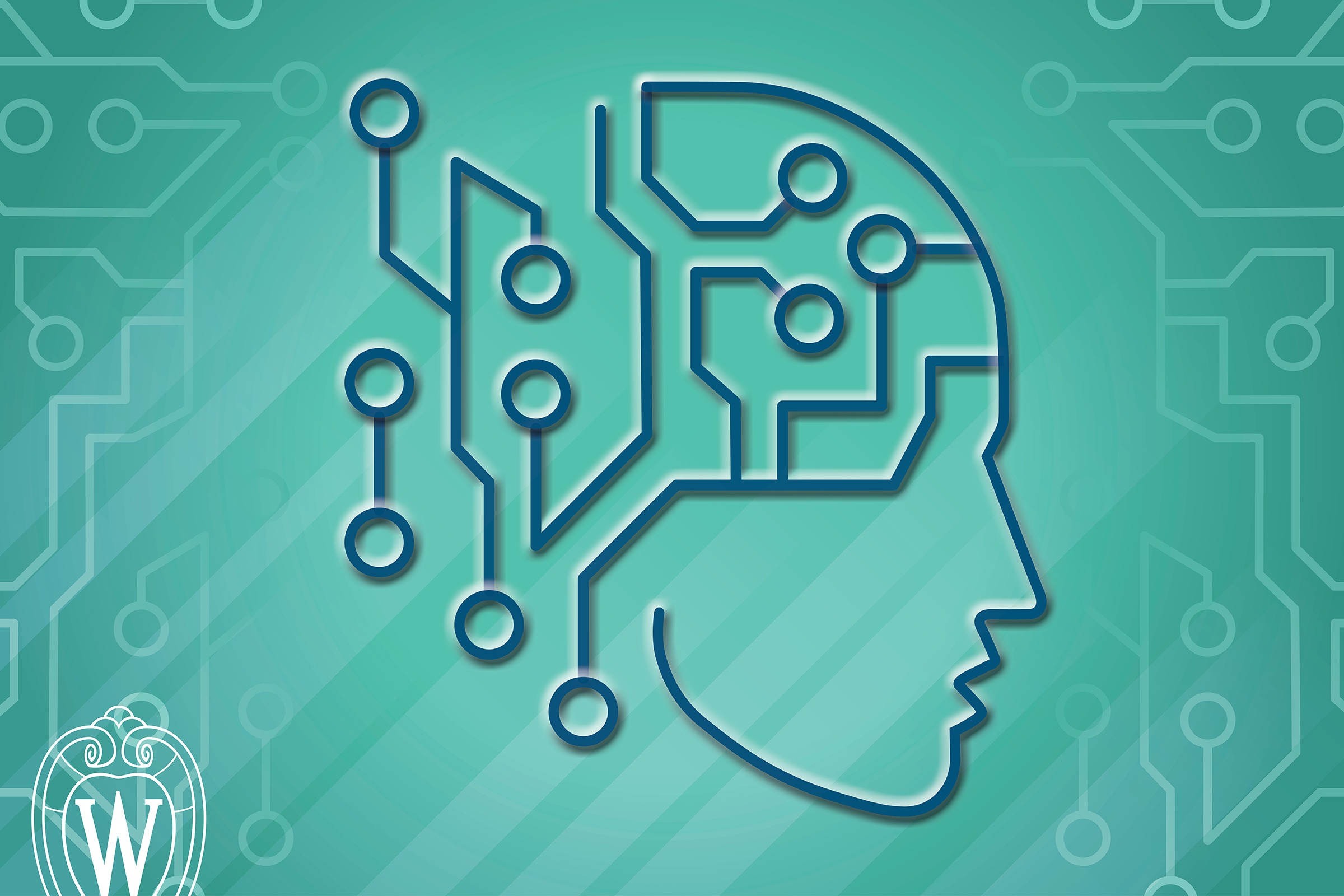 AI graphic of human profile with AI patterned head and UW crest