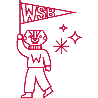 Bucky Badger waving a WSB banner.