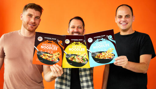From left to right, co-founders Sam Rockwell (BBA ’10), Jeremy Reich (BBA ’10), and Justin Samuels (BBA ’10) show off their Laughing Tiger line of frozen meals.