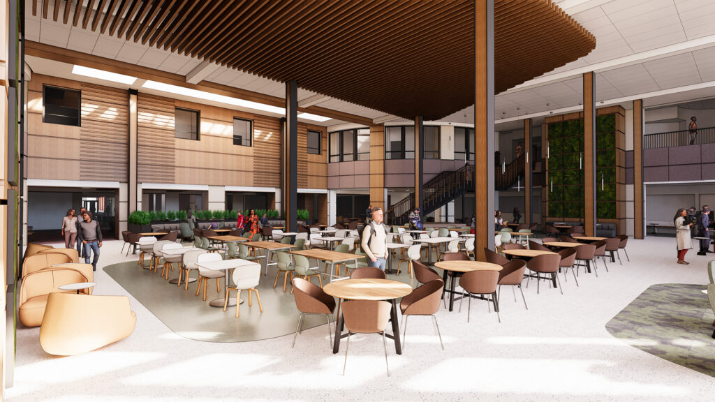 A rendering of the redesigned first floor of Grainger Hall, featuring a large open space with many tables and chairs.