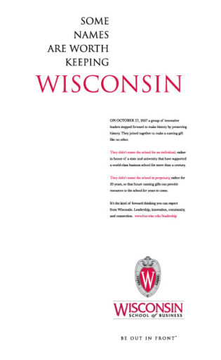 A 2007 ad from The Wall Street Journal announcing the Wisconsin Naming Gift.