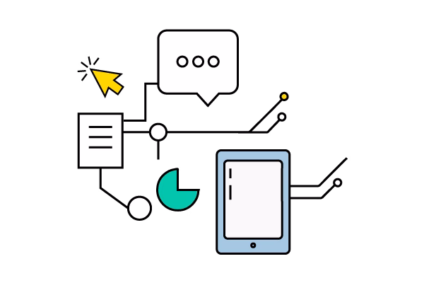 An illustration of a computer tablet with arrows and charts. 