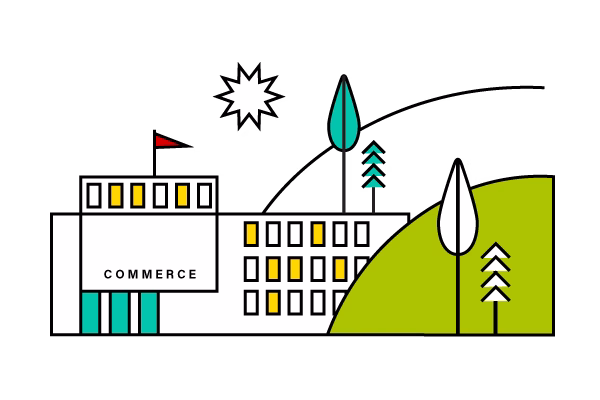 An illustration of the Commerce Building on the UW–Madison campus. 