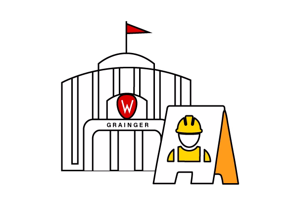 An illustration of Grainger Hall and a construction sign featuring a person in a hard hat. 