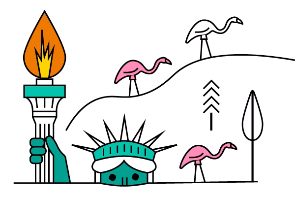 The face and hand of the Statue of Liberty with pink flamingos in the background. 