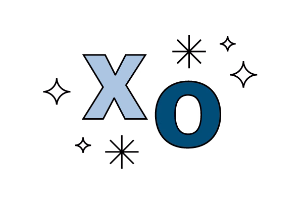 An illustration of the letters, "X" and "O" with small stars. 
