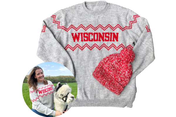 A photo of Katie Lorenz overlayed on top of a knit "Wisconsin" sweater and red beanie hat.