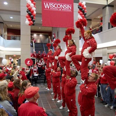 UW cheerleaders perform at the 2007 UW Homecoming Bash inside Grainger Hall.